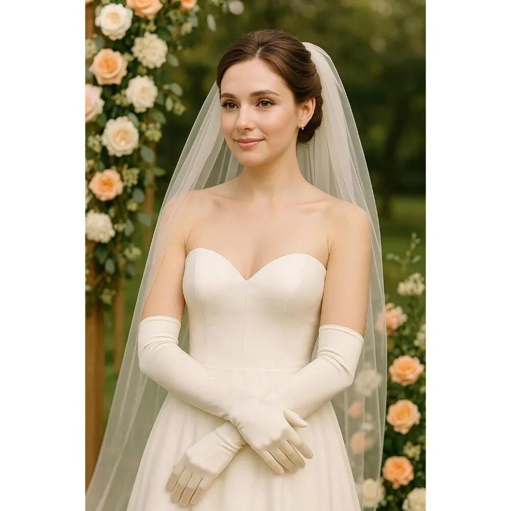 Women's Champagne Vintage Satin Long Gloves Party Costume Stretchy Elbow Length
